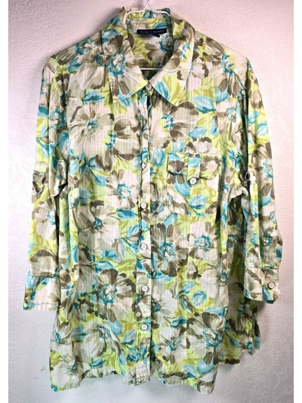 Karen Scott Floral Tropical Whimsical Spring Summer 100% Cotton Blouse Womens 1X